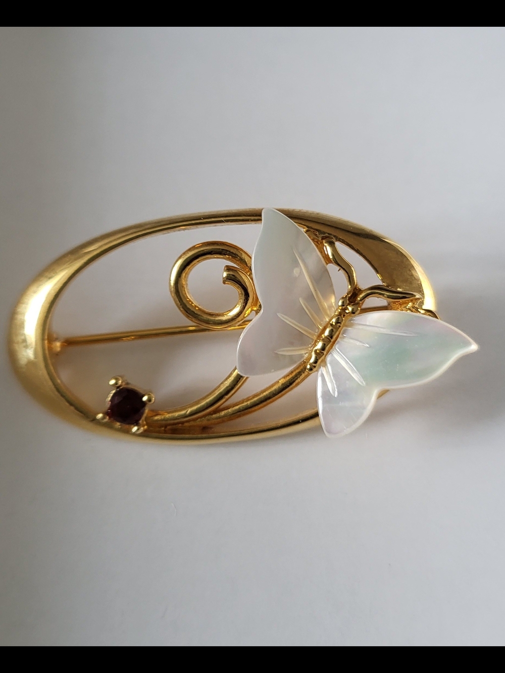 Vintage Gold Butterfly Brooch with Mother-of-Pearl Wings Garnet Stone